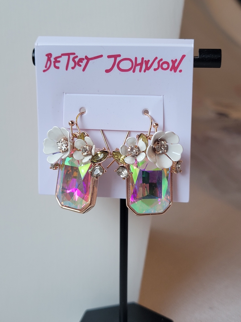 Betsey Johnson Iridescent Pink Green Crystal Floral Drop Earrings